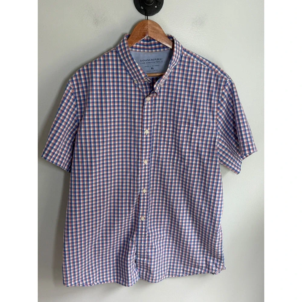 Banana Republic Mens XL Grant Slim Fit Luxe Stretch Poplin Gingham Shirt Blue